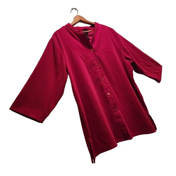 Denim & Co. Button Down Shirt Jacket Womens Size 1X Red 3/4 Casual Sleeve Slit - Picture 4 of 7